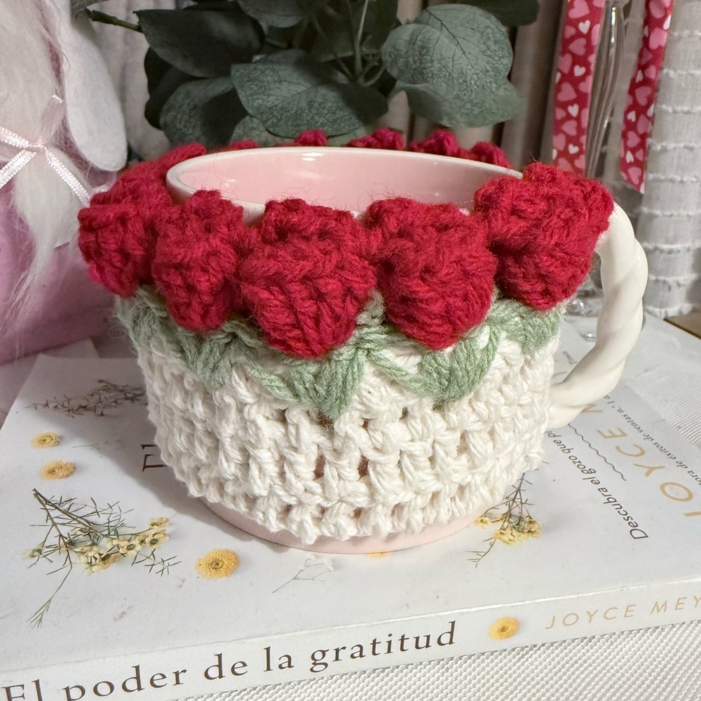 Handmade Crochet Floral Mug Cozy Red& Green Cottagecore Coffee Cup Sleeve
